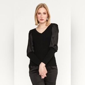 Melissa Nepton Joana Black‎ Satin Long Puff Sleeve Top Blouse Ribbed Size Small
